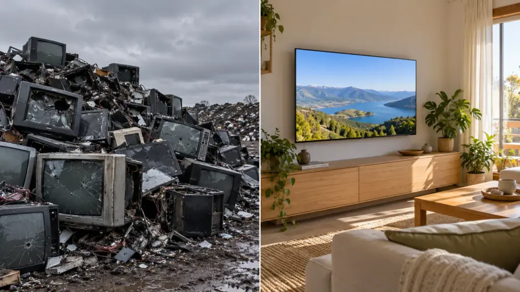 Televisores en un vertedero frente a una tele reparada en casa